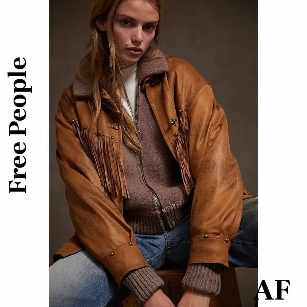 Free People Knox in Oiled Brown Vegan Leather Fringe Jacket Medium New